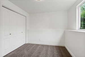 Bright room featuring neutral carpeting, white walls, and white baseboards