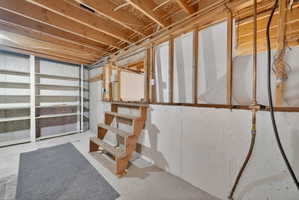 Crawlspace Access.  Unfinished basement with concrete flooring