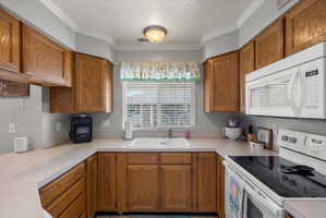 Kitchen featuring wood-finish cabinetry, a built-in microwave, an electric range, and crown molding