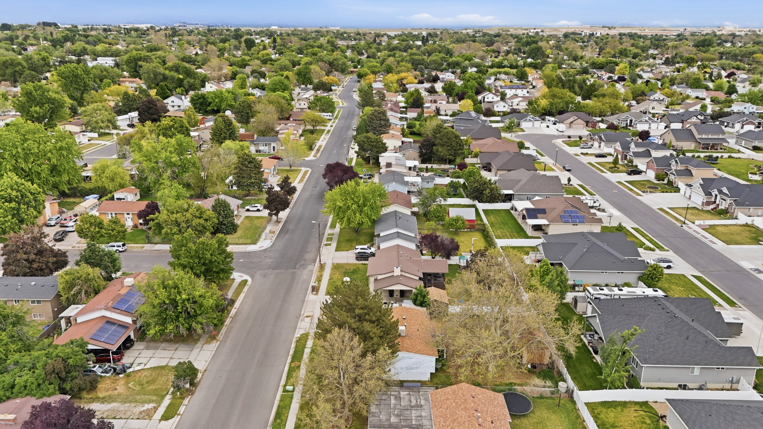 Aerial perspective showcasing established residential streets and varied housing styles