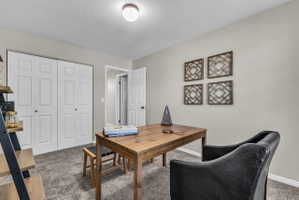 Room featuring neutral wall tones, gray plush carpeting, a closet with bi-fold panel doors, and a ceiling-mounted light fixture