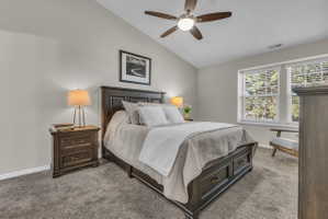 Spacious sleeping area featuring a vaulted ceiling and a ceiling fan with integrated lighting