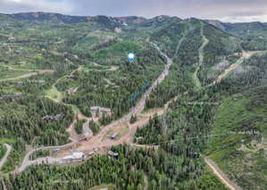 Mountainous terrain featuring dense evergreen forests and visible ski runs