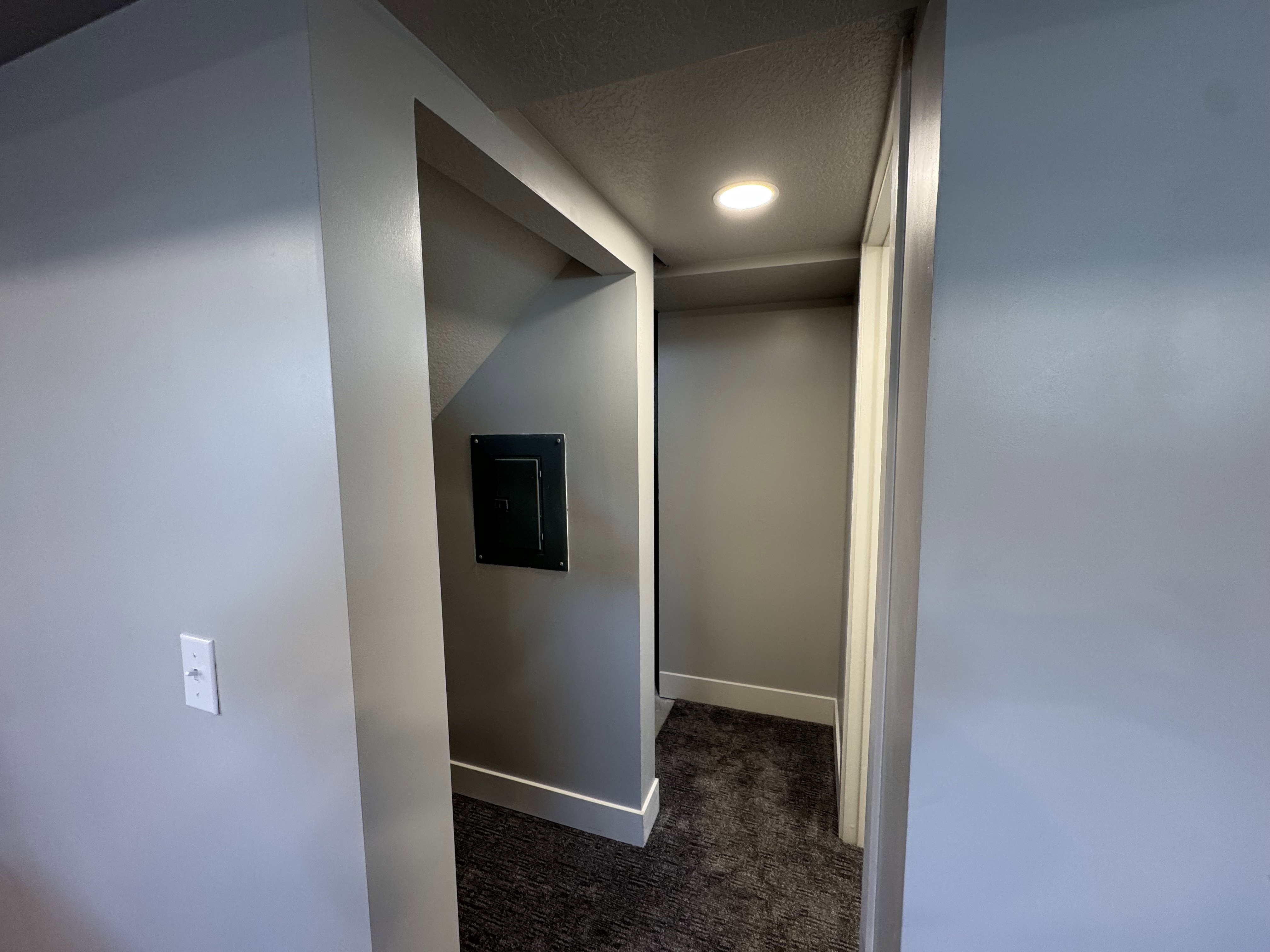 Recessed lighting illuminates a carpeted hallway with a dark gray wall panel