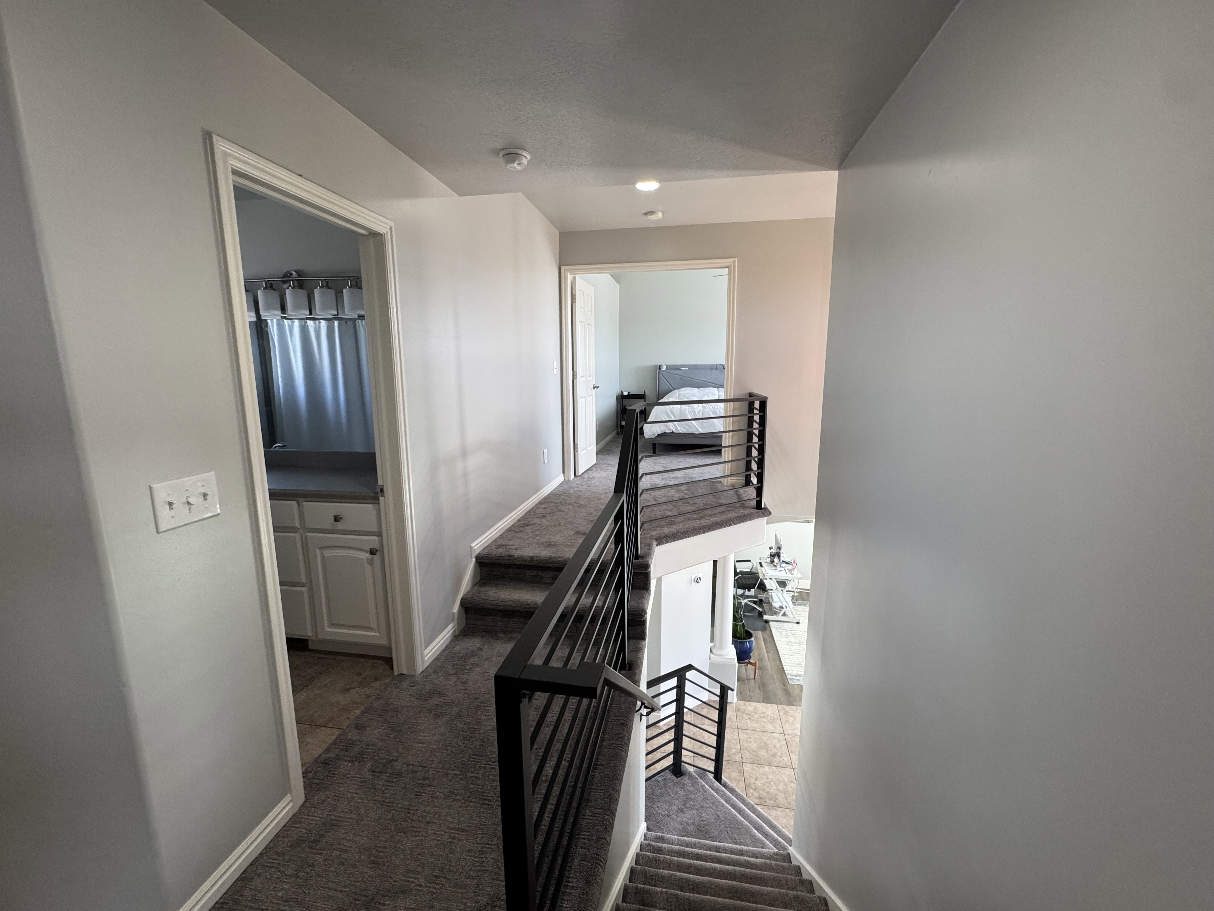 Upper-level hallway featuring carpeted stairs and landing, modern black horizontal bar railings, recessed lighting, and light gray wall finishes
