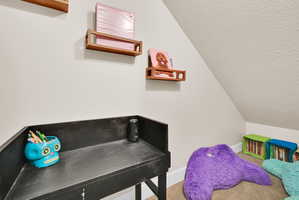 Attic space featuring an angled ceiling, built-in wooden shelving, and a built-in black desk surface