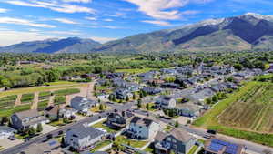 Residential neighborhood with varied architectural styles, green spaces, and mountain backdrop