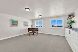 Spacious room featuring neutral carpeting, two windows with white trim, and a built-in cabinetry unit with a dark countertop and gold-toned hardware