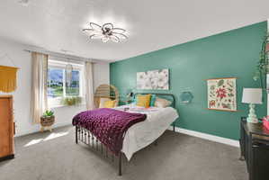 Bedroom featuring a decorative ceiling light fixture, mountain scenery visible through the window, and carpet flooring