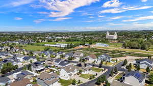Aerial perspective showcasing a residential neighborhood with varied architectural styles