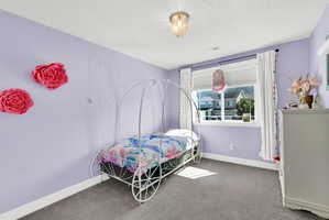 Carpeted room with a crystal chandelier light fixture and a large window