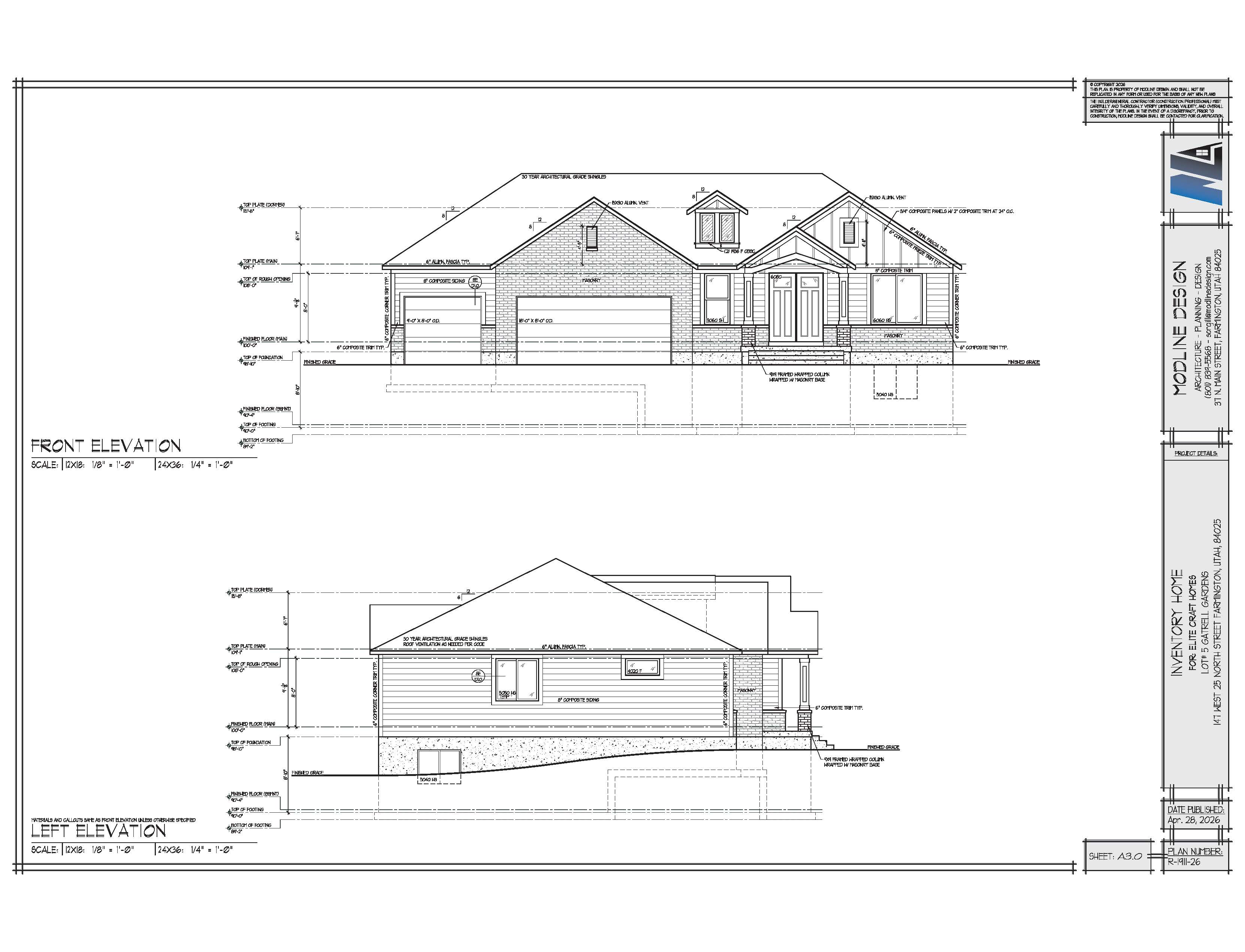 Architectural Drawing, Elevations. Displaying the front and left side views of the property