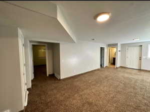 Spacious interior room featuring plush brown carpeting, light neutral wall paint, and recessed ceiling lighting
