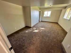 Spacious room featuring neutral wall tones and plush, textured carpeting
