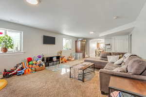 Carpeted recreation room featuring recessed lighting, a mounted wall screen, and multiple windows