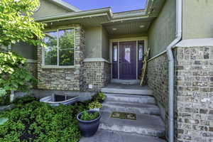 Front entrance featuring a purple door with sidelights, a window well, and a concrete stairway
