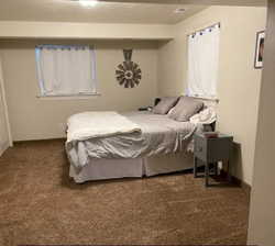 Carpeted room featuring a window with white trim, a flush-mount ceiling light, and neutral wall paint