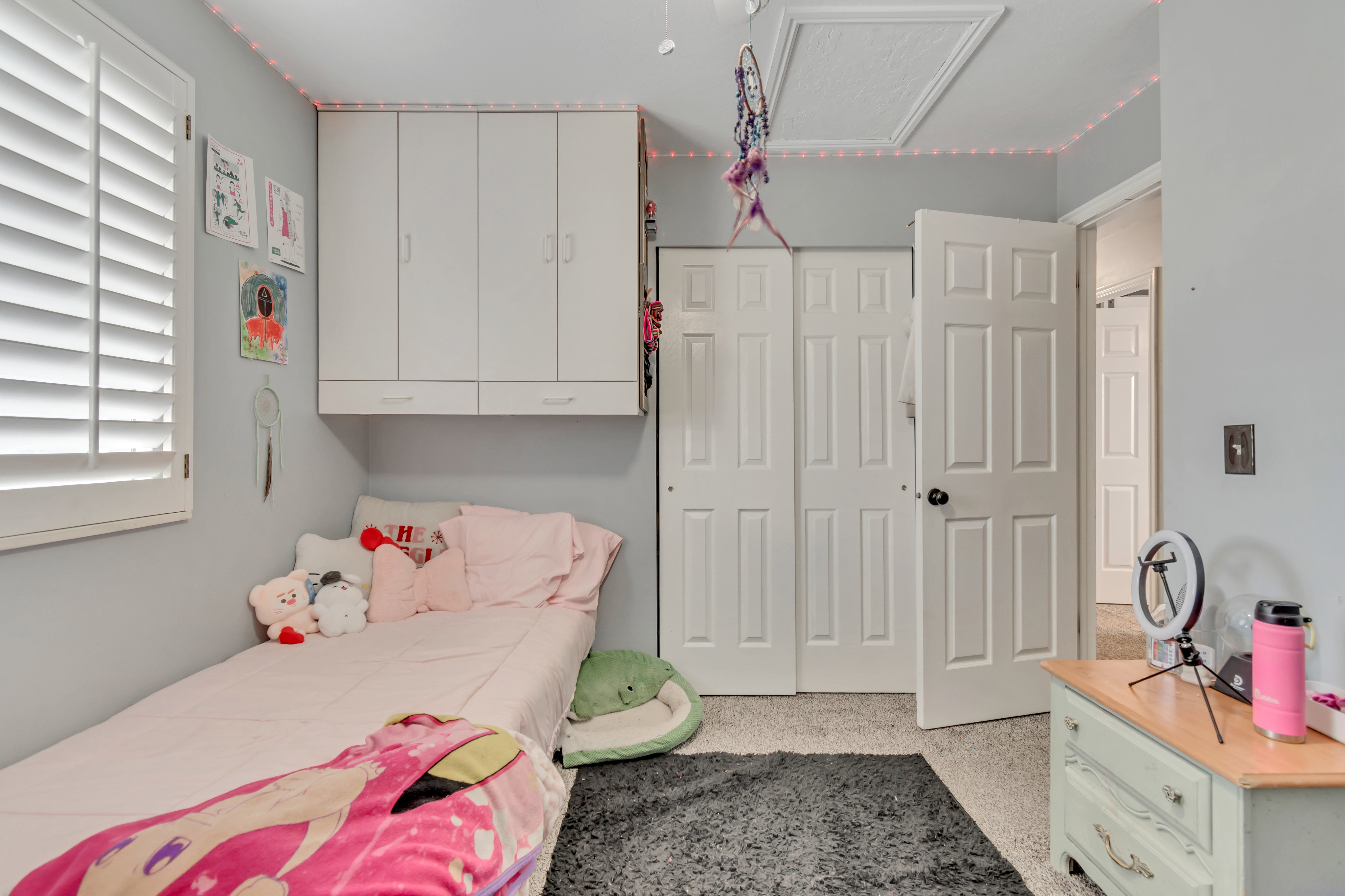 Built-in white cabinetry with chrome hardware, white plantation shutters, light gray wall paint, light-colored carpet flooring, and white paneled doors