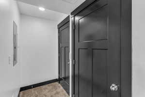 Interior hallway featuring dark panel doors, white walls, recessed ceiling lighting, and carpet flooring