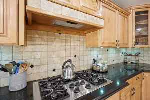 Stainless Steel Gas Cooktop with Hooded Vent - Tile Backsplash & Granite Countertops