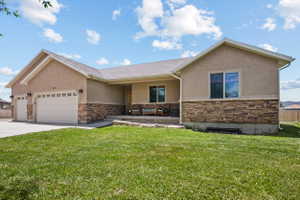 Contemporary ranch-style exterior featuring stucco and stone veneer accents