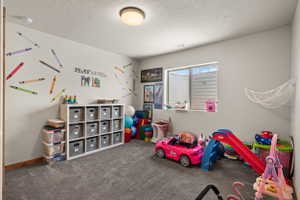 Spacious interior room with light gray carpeting and white walls