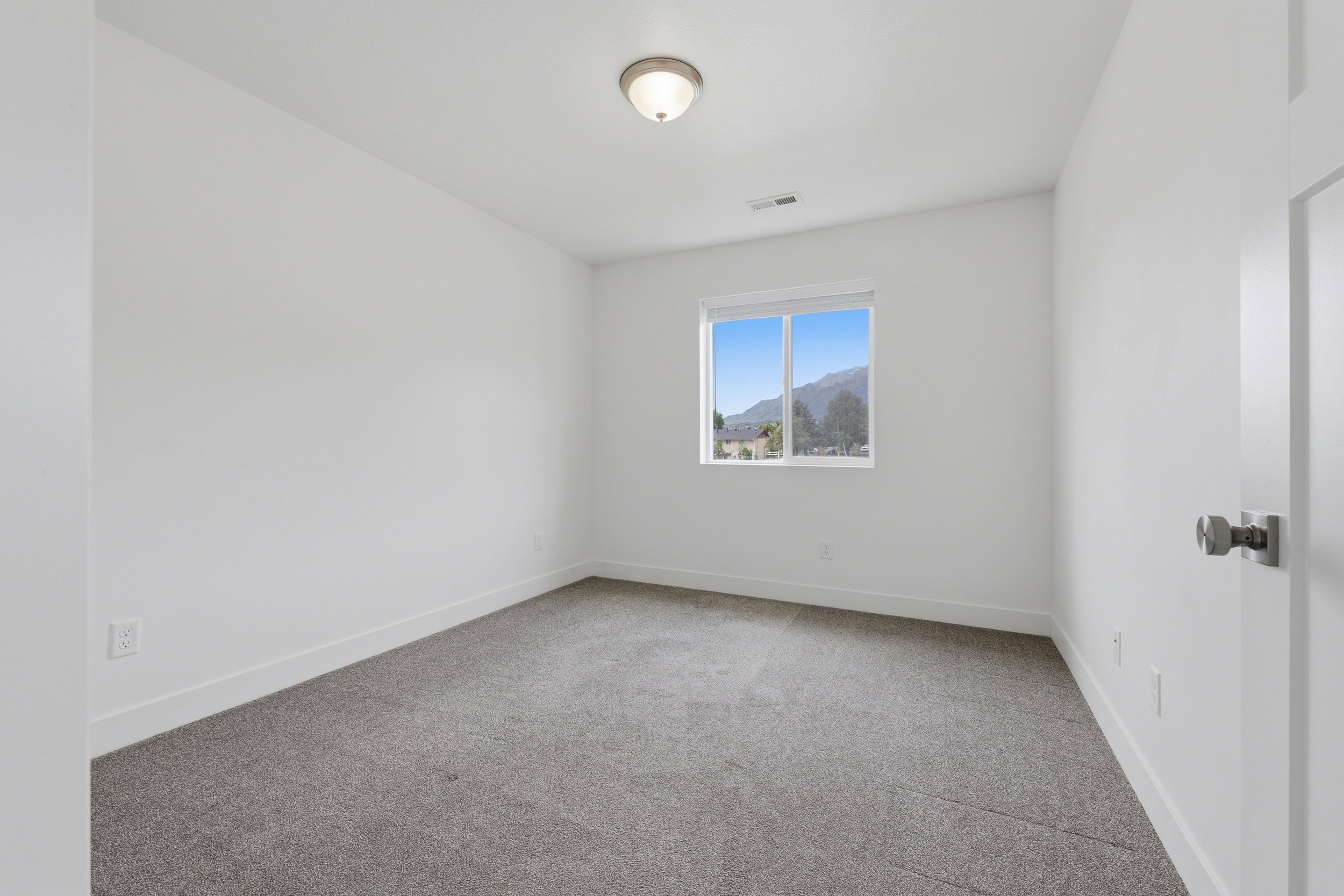 Carpeted room featuring a double-pane window, flush-mount ceiling light, white baseboards, and a white interior door with a silver knob