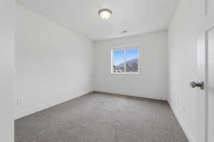 Carpeted room featuring a double-pane window, flush-mount ceiling light, white baseboards, and a white interior door with a silver knob