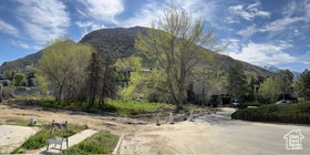 Expansive mountainous backdrop frames this property with mature trees and established greenery