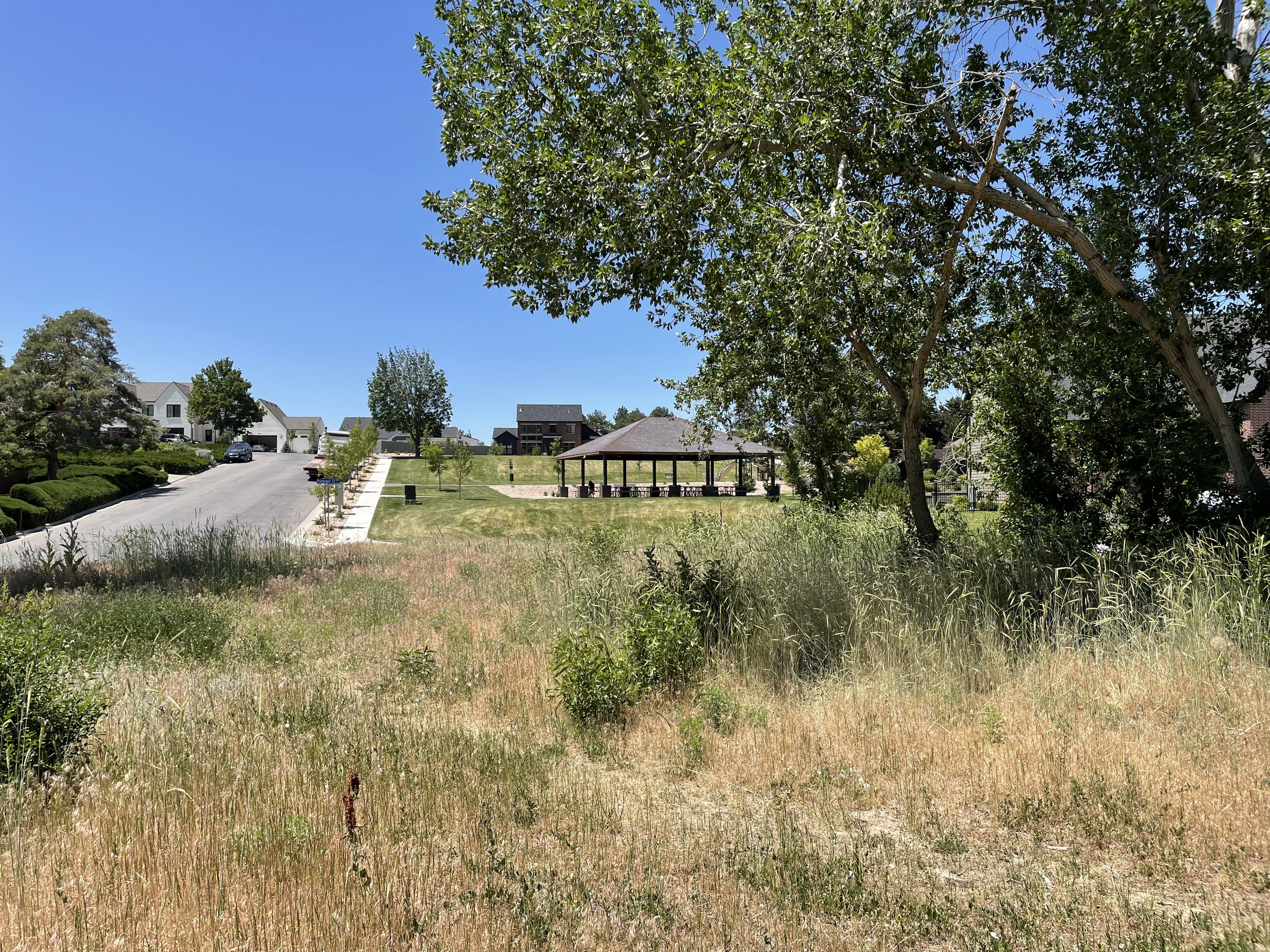 Expansive open space featuring a covered pavilion, mature trees, and a manicured lawn area