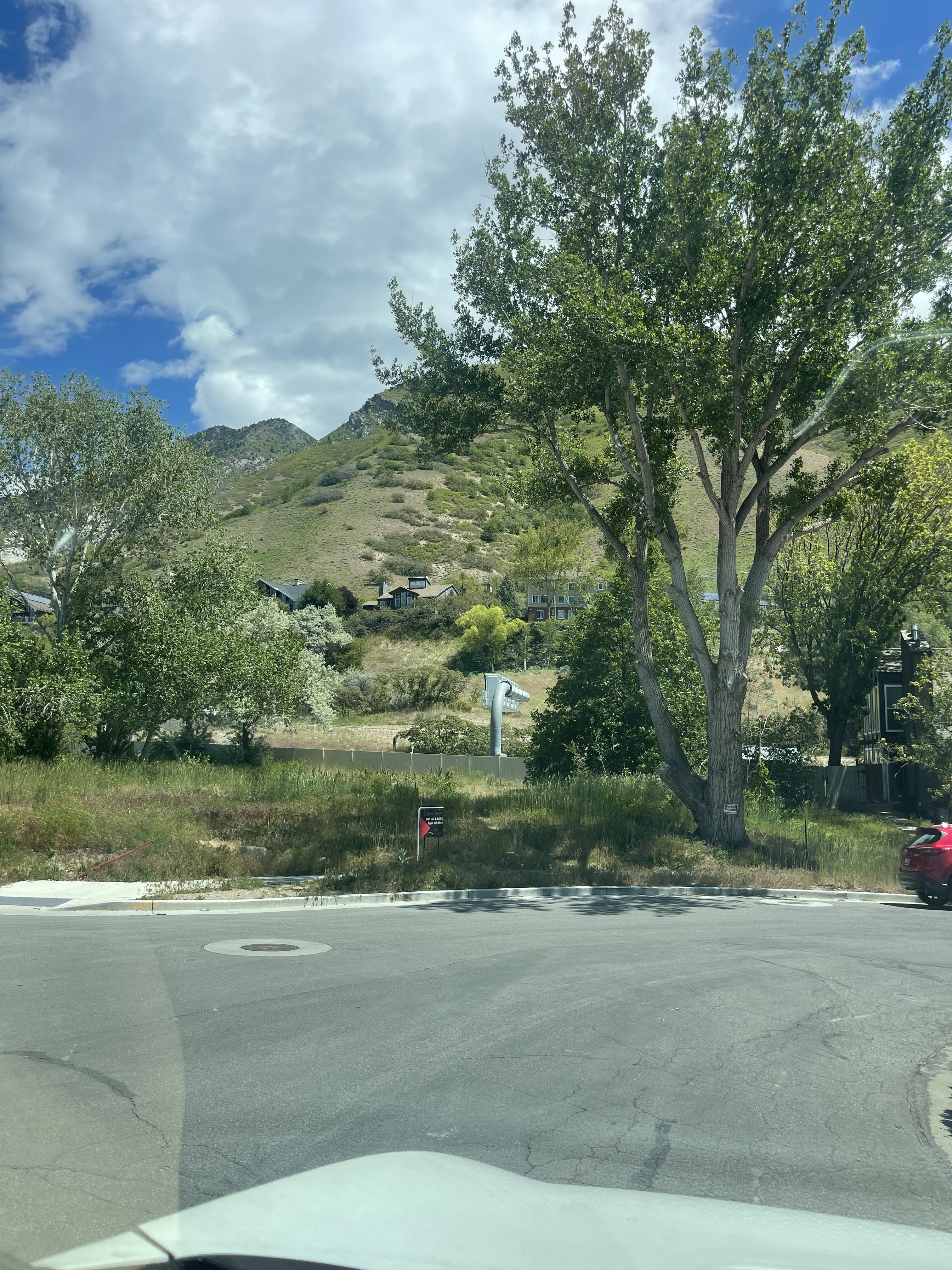 Mountainous backdrop with a paved street foreground