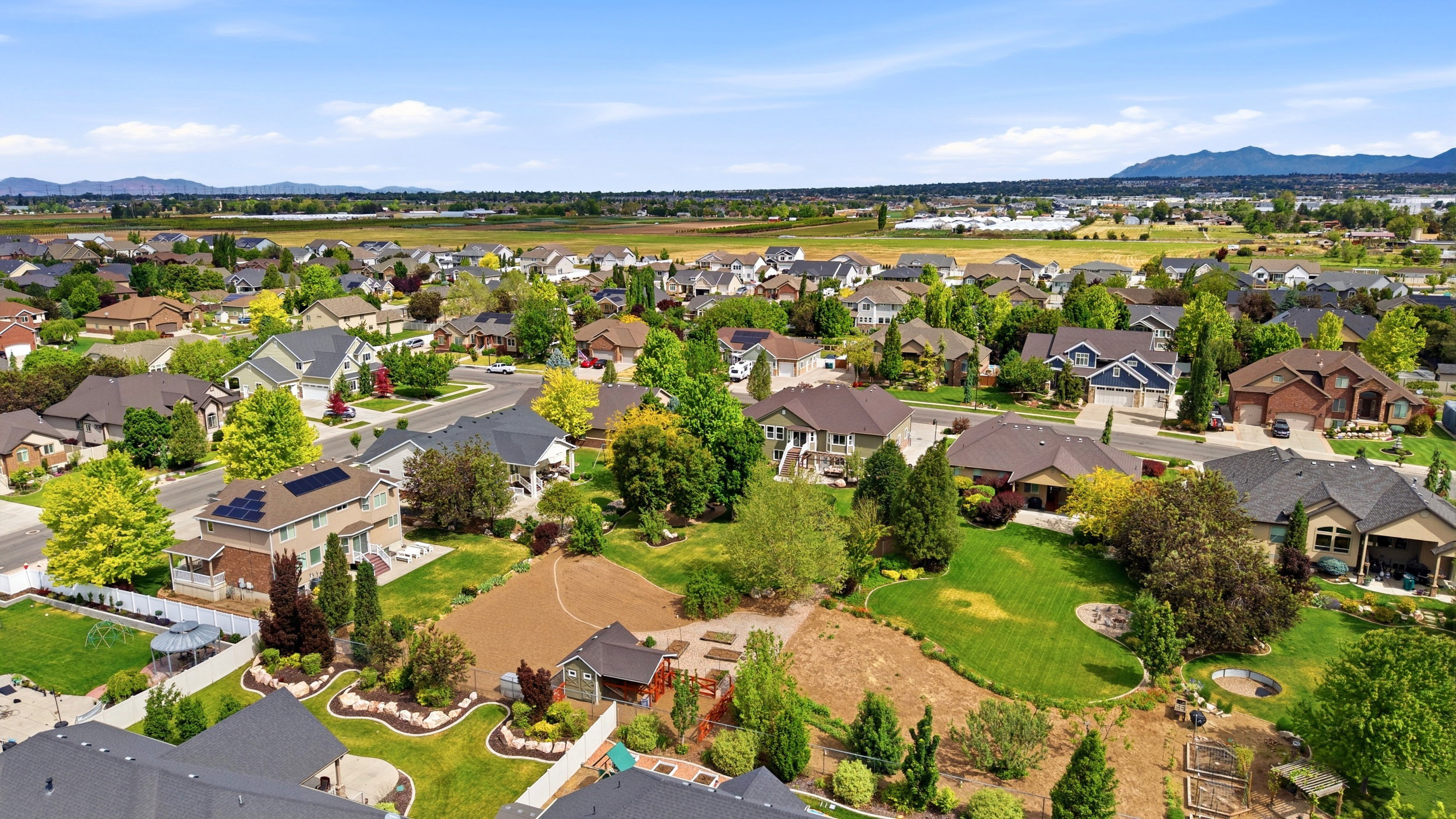 Aerial perspective showcasing a residential neighborhood with diverse architectural styles