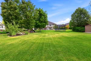Expansive green lawn with mature trees and landscaped planting beds