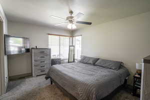Carpeted interior room featuring a ceiling fan with integrated lighting, multiple windows with blinds and wood trim, and neutral wall tones