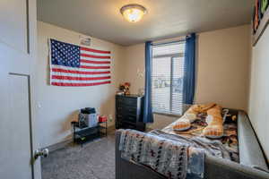 Bedroom featuring a window with blinds, carpet flooring, and a flush mount ceiling light