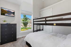Carpeted bedroom featuring a large window with a transom, built-in cabinetry, and a wall-mounted television