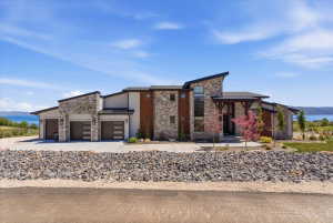 Modern architecture with stone and wood accents