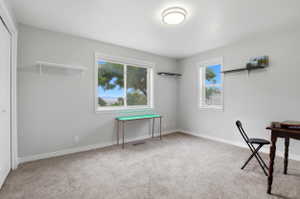 Carpeted room featuring light gray walls, white trim, and a flush-mount ceiling light