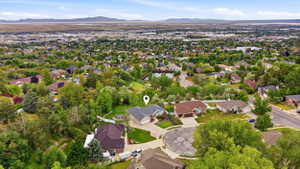 Aerial perspective showcasing a residential neighborhood with varied architectural styles