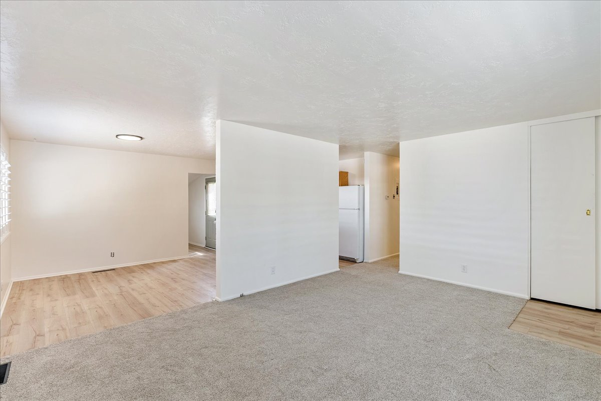 Open living area featuring light-toned carpet and wood-finish flooring