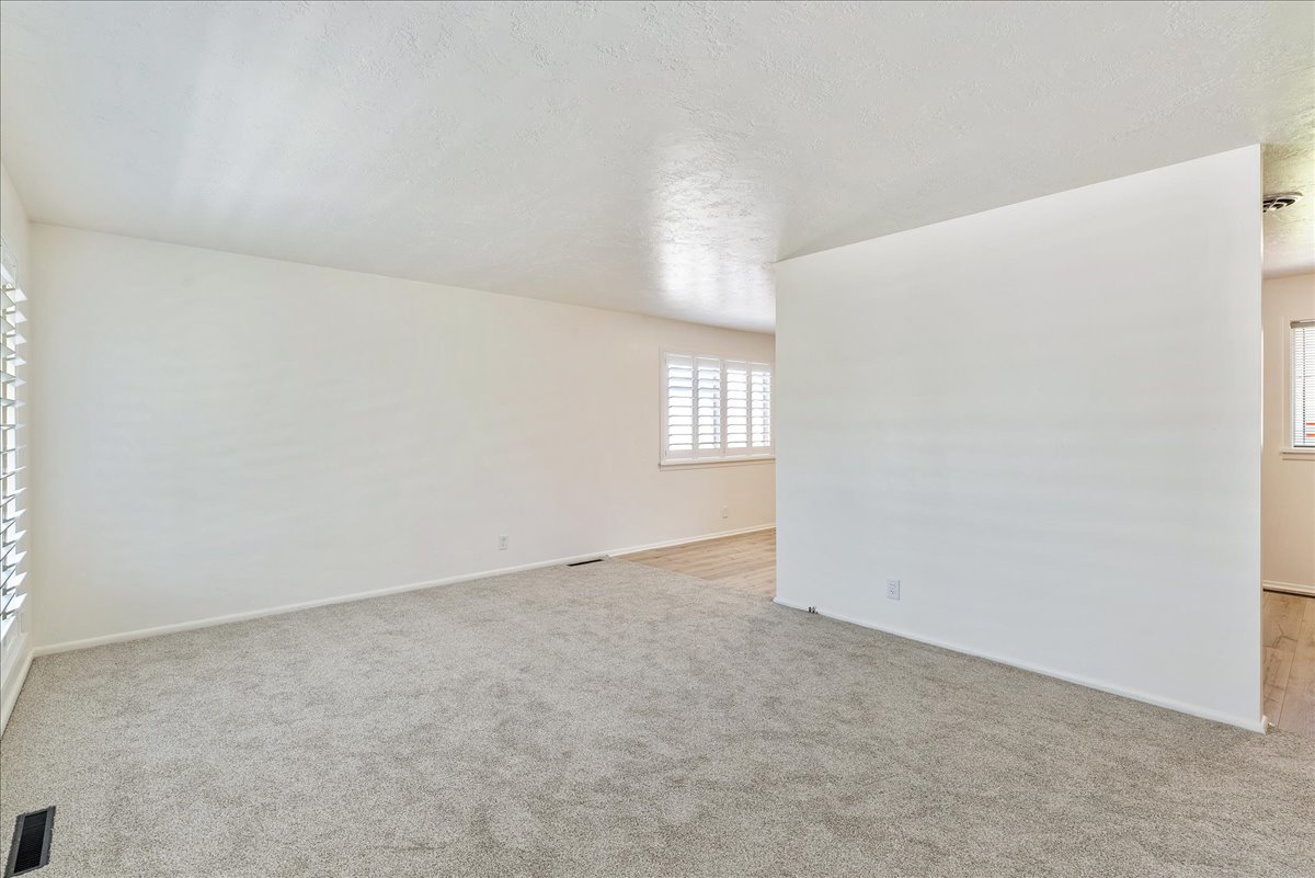 Spacious room featuring light-toned carpeting and neutral wall finishes