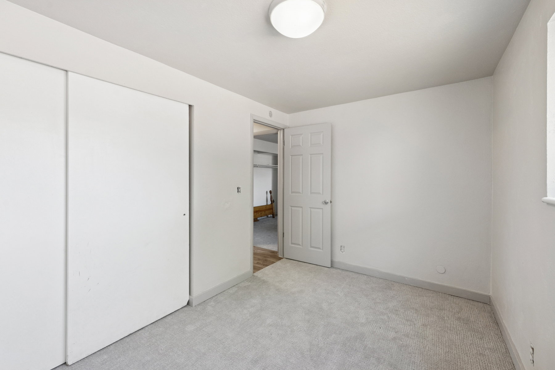 Bright interior space featuring light gray carpeting, neutral wall paint, and a flush-mount ceiling light