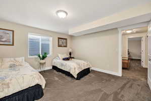 Carpeted room featuring a window with horizontal blinds, neutral wall tones, and white trim