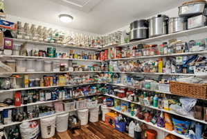 Extensive pantry storage featuring abundant shelving, wood-finish flooring, and overhead lighting
