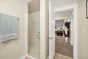 Glass-enclosed shower with white trim and a chrome handle