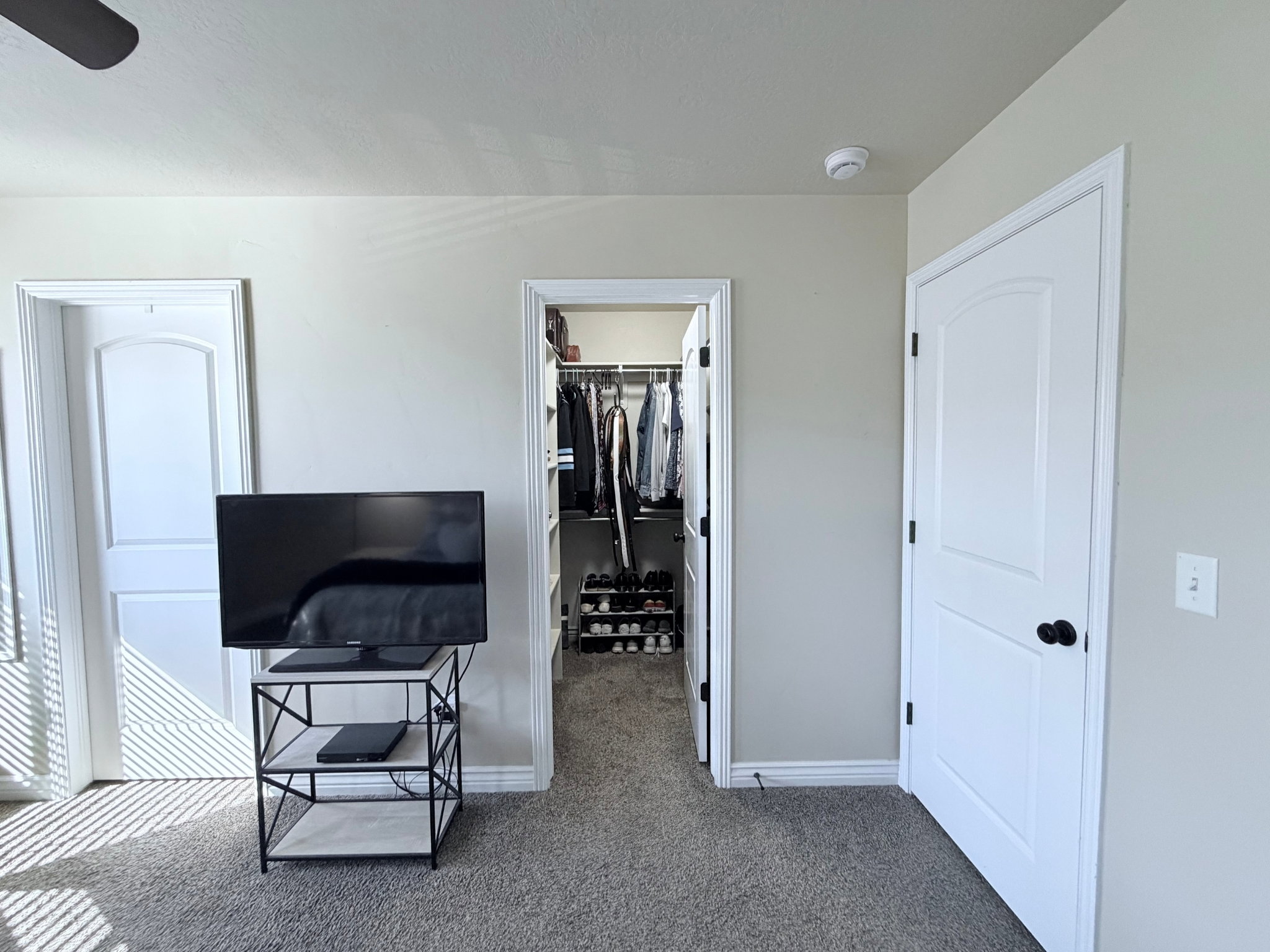 Another view of bedroom #1 showing a walk-in closet with ample storage solutions, light walls with white trim, and light flooring