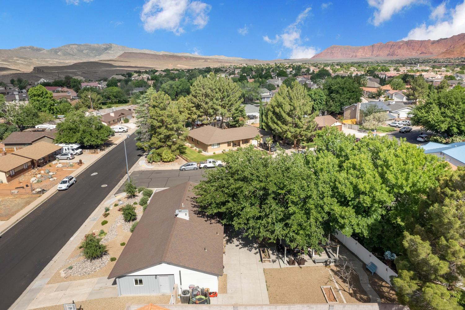 Aerial perspective showcasing a residential neighborhood with diverse tree coverage