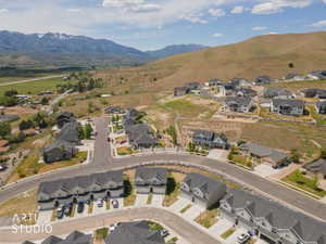 Aerial perspective highlighting a residential development with varied architectural styles