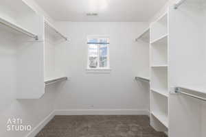 Spacious walk-in closet featuring built-in shelving, multiple hanging rods, and a window for natural illumination