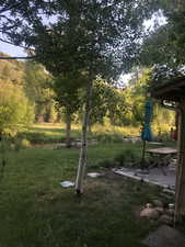 Expansive green lawn with mature trees and a wooden deck